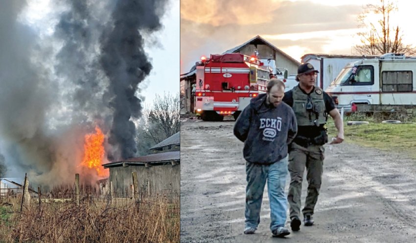 Kayla Craig provided these photos of a fire that burned a fifth wheel trailer and the arrest of a man at the scene for an outstanding warrant on Wednesday.
