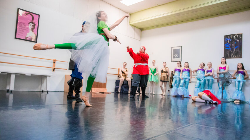 Peter Pan, played by Wesley Wilhelmi, who is 15 yeards old and homeschooled, dances with pirates while sporting a veil and tutu during dress rehearsals at the Centralia Ballet Academy on Sunday, April 16, 2023.