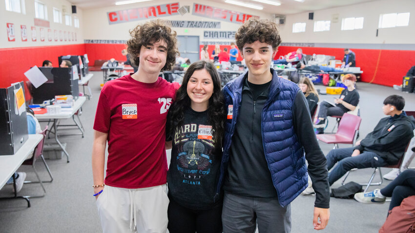 From left, sophomores Bryce Kuykendall, Ellie Clinton and Henry Etue are pictured. They helped organize a blood drive with the American Red Cross at W.F. West High School in Chehalis on Tuesday, April 18.