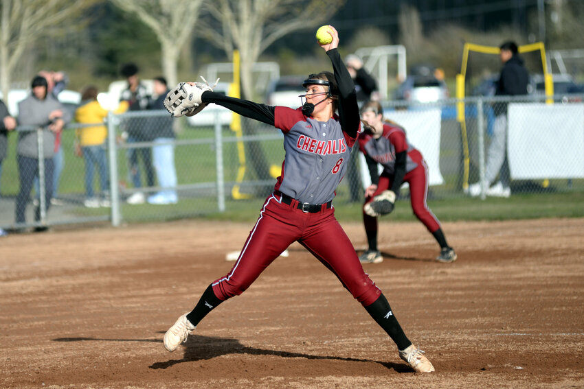 W.F. West's Staysha Fluetsch winds up to deliver a pitch against Aberdeen on the road April 19.