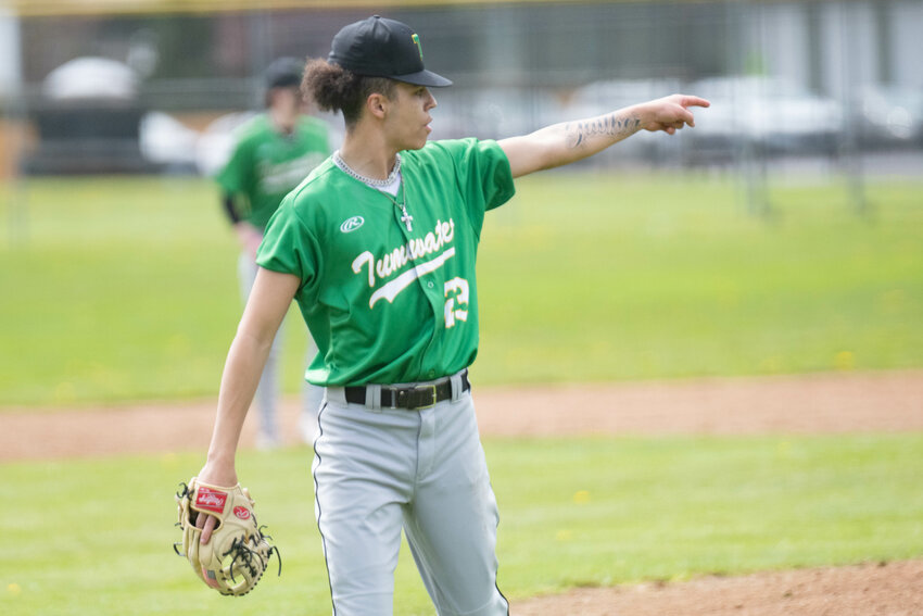 Trenton Gaither points out the final out in his complete game, as Tumwater beat W.F. West 5-2 in Chehalis on April 22.