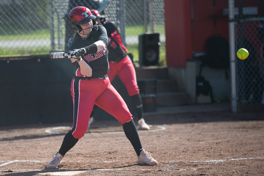 Sophia Hussey swings for Tenino's only hit of the day during the Beavers' 18-0 loss to Elma on April 25.
