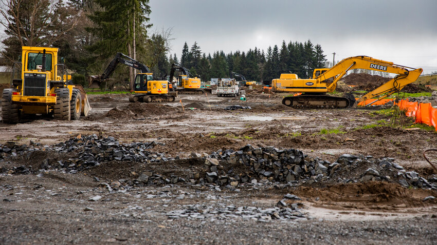 Work continues on the Centralia Station project along Alder Street in Centralia on Wednesday, April 19.