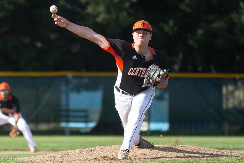Centralia's Tucker Weaver throws a pitch against Rochester April 26.