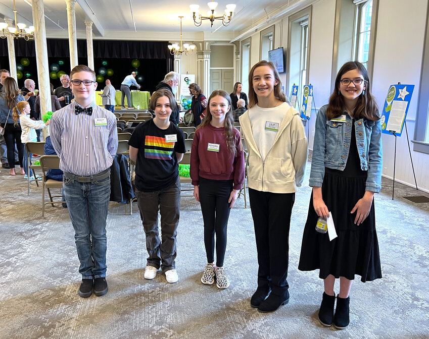 Five students from Chehalis Middle School were among the 20 finalists chosen to complete in the state qualifying competition for the National Civics Bee. From left: Brady &quot;Bruz&quot; Taylor,  Oliver Stanton, Kendall Coiteux, Lily Bailey and Olivia Cherrington were among the 20 competitors. Cherrington, Taylor and Stanton were among the 10 winners who will now compete June 1 at the state Civics Bee finals in Seattle. The qualifying event was held April 22 at Providence Academy in Vancouver and was organized by the Greater Vancouver Chamber. Twenty middle-school students were selected from among nearly 100 who submitted essays as part of the first National Civics Bee to be held in Washington. A total of 10 finalists from that qualifying match will compete on June 1 at the Washington state finals of the National Civics Bee in an event held by the AWB Institute at the Museum of Flight.