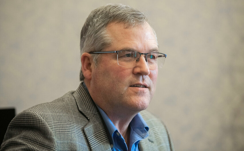 House Minority Leader J.T. Wilcox, R-Yelm, talks about ongoing issues in his area of the state while answering questions from reporters Friday, Jan. 20, 2023.