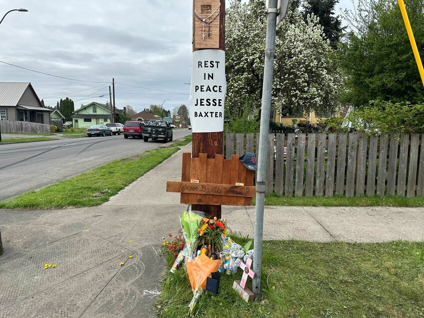 A makeshift shrine in honor of Jesse Baxter is pictured in Centralia on Monday.