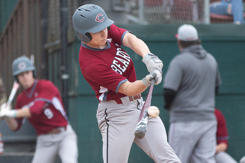 W.F. West's Lane Sahlin puts the barrel on the ball against Centralia at Wheeler Field May 1.