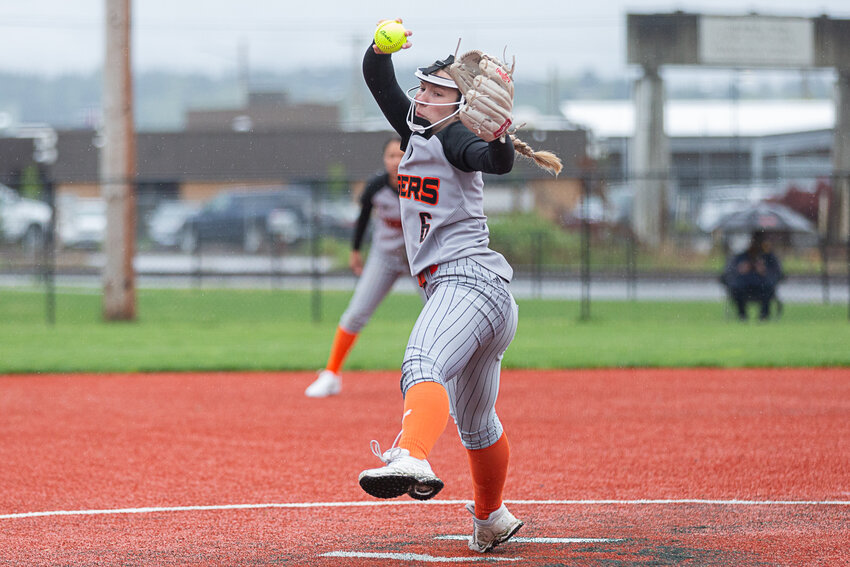 Centralia pitcher Hollynn Wakefield winds up to deliver a pitch against Aberdeen May 5 at Rec Park in Chehalis.
