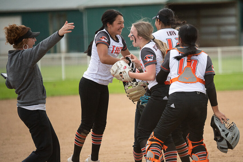 Centralia celebrates its 3-2 win over Tumwater at Fort Borst on May 8.