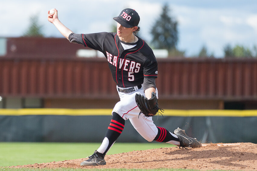Tenino pitcher Brody Noonan gets set to release a pitch against La Center in the 1A District 4 semifinals May 9 at Castle Rock.