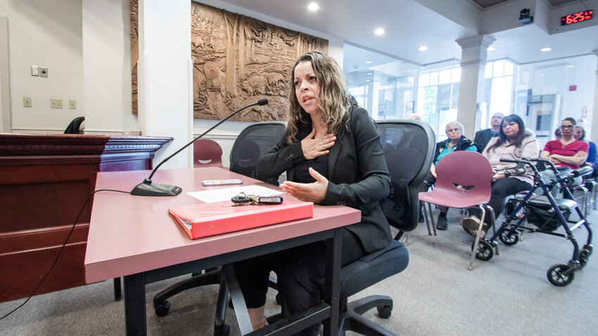 Adrianna Garibay answers questions posed by Centralia City Council members on Tuesday night during the interview process the council used to choose someone to fill the at-large position left vacant following Leah Daarud's resignation last month.