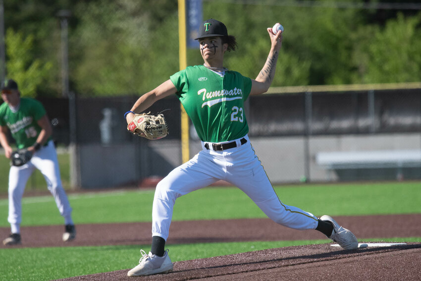 Trenton Gaither throws a pitch during Tumwater's 5-1 win over Columbia River in the District 4 semifinals, in Ridgefield on May 10.