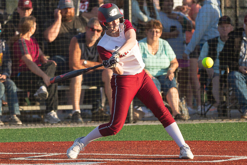 W.F. West's Saige Brindle takes a swing at a pitch against Aberdeen May 10 at Rec Park.