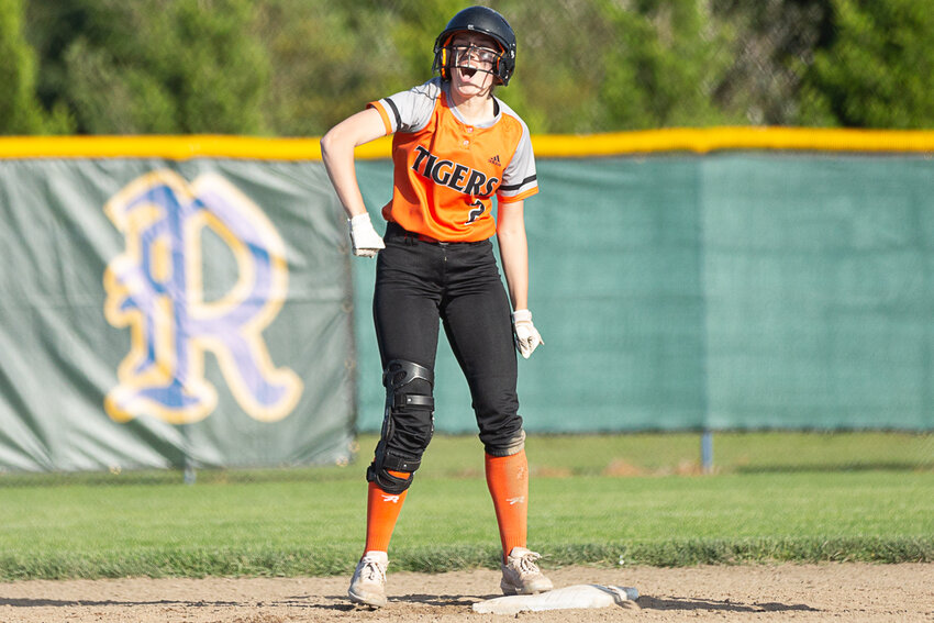 Centralia second baseman Lauren Wasson reacts after a double against Rochester May 10.