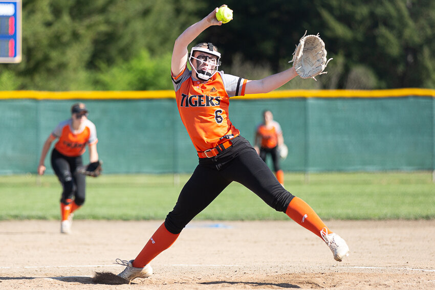 Centralia's Hollynn Wakefield winds up to deliver a pitch against Rochester May 10.