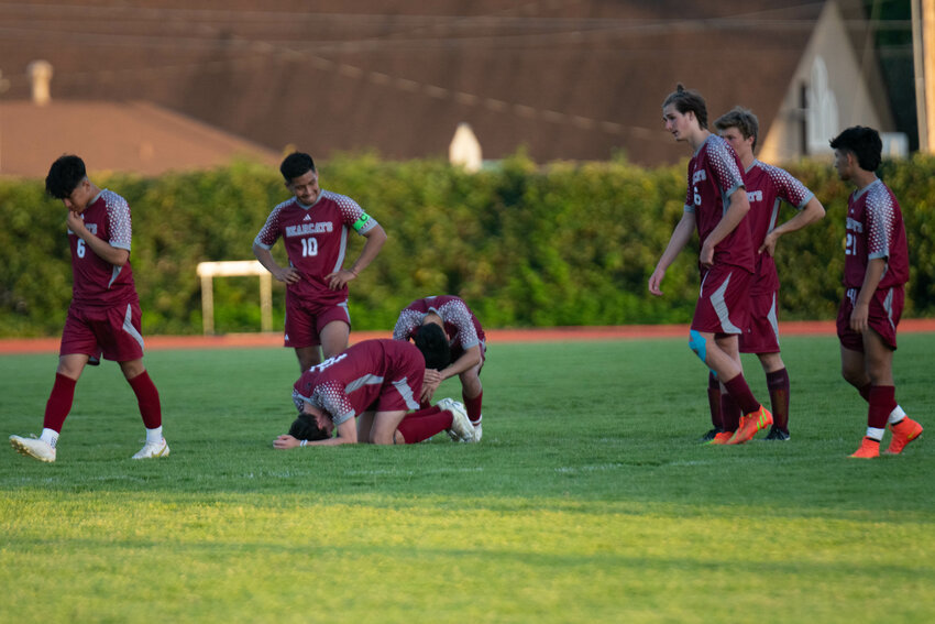 W..F. West players react after their penalty shootout loss to Hockinson in a loser-out game in the 2A District 4 tournament, May 11 in Chehalis.