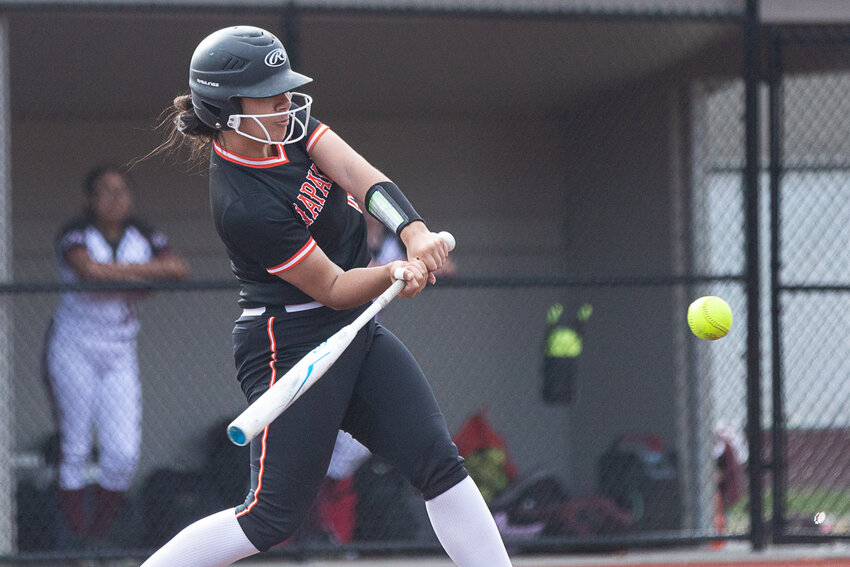 Napavine's Danielle Tupuola makes contact with a pitch against Raymond-South Bend in the first round of the 2B District 4 tournament at Montesano May 15.