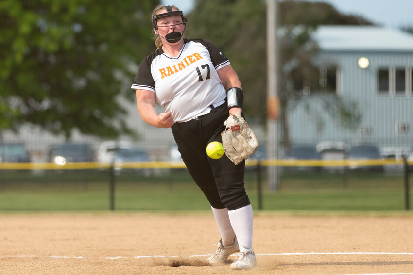 Rainier's Ryleigh Cruse releases a pitch against Raymond-South Bend in the 2B District 4 tournament at Borst Park in Centralia May 17.
