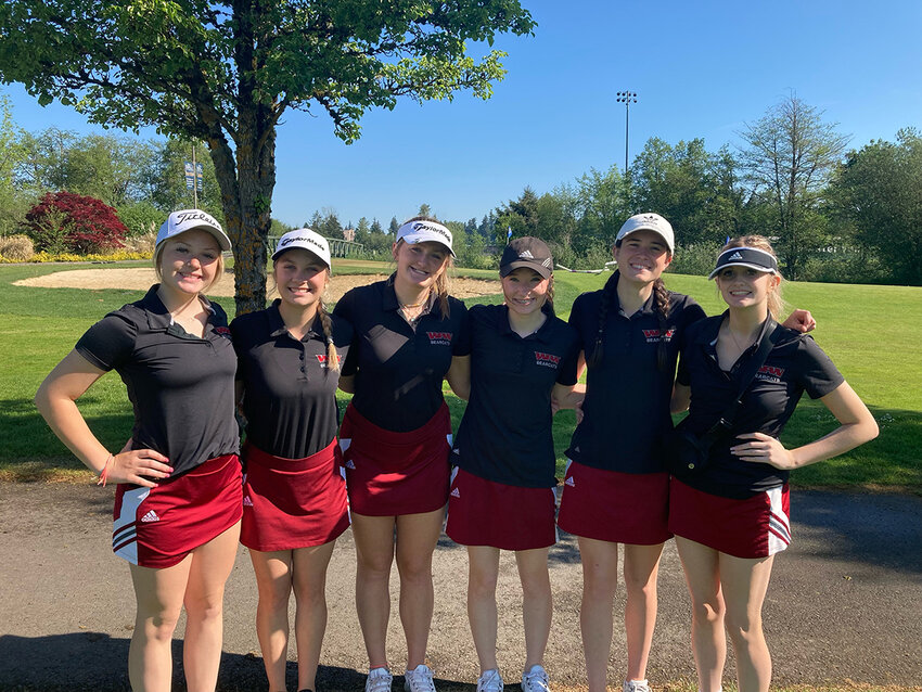 The W.F. West girls golf team poses at the 2A District 4 championships at Tumwater Valley Golf Course May 16.
