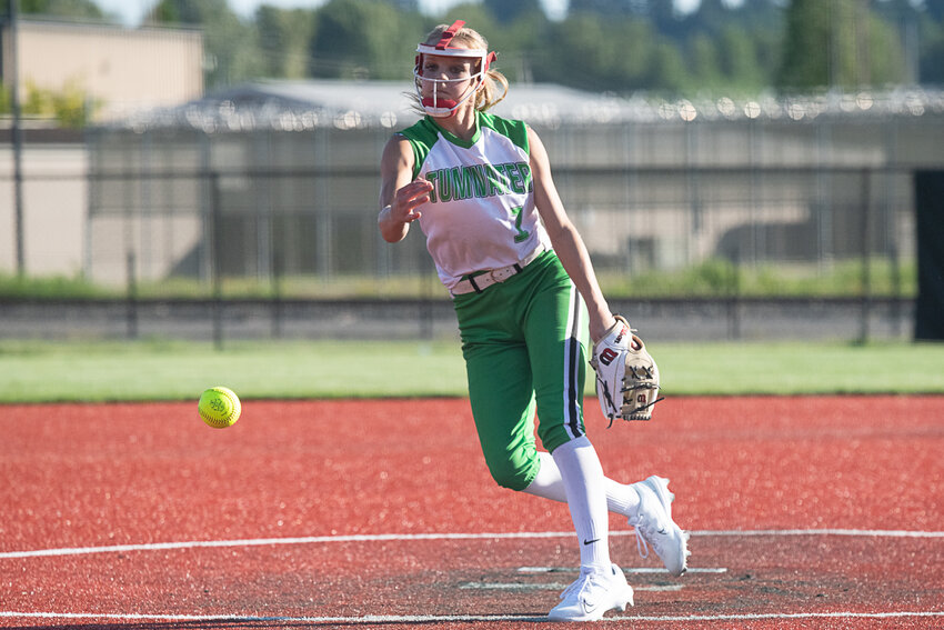 Ella Ferguson throws a pitch during Tumwater's 4-3 loss to Ridgefield in the semifinals of the 2A District 4 tournament, May 18 at Rec Park in Chehalis.