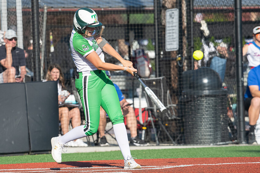 Megan Paull tees off during the first inning of Tumwater's 4-3 loss to Ridgefield in the semifinals of the 2A District 4 tournament, May 18 at Rec Park in Chehalis.