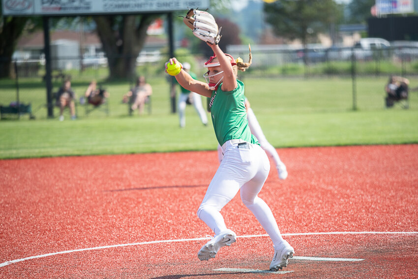 Ella Ferguson throws a pitch during Tumwater's 1-0 loss to R.A. Long in a loser-out game at the 2A District 4 tournament, May 19 at Rec Park in Chehalis.