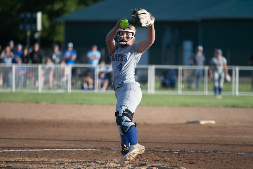 Ava Simms throws a pitch during Adna's 3-0 loss to Ocosta in the 2B district title game, May 20 at Fort Borst in Centralia.