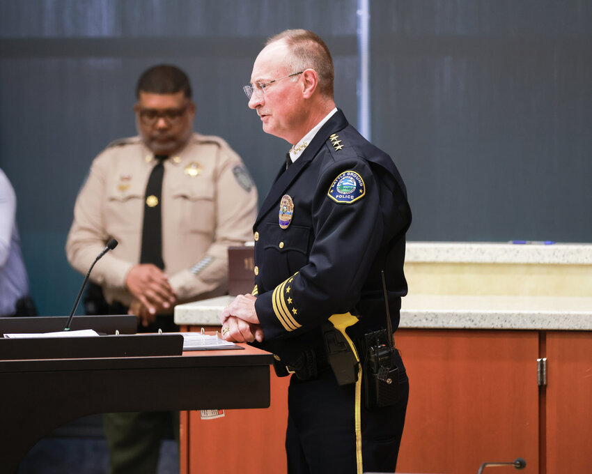 Battle Ground Police Chief Mike Fort reads the &quot;roll call of honor&quot; during the Clark County Law Enforcement Memorial Ceremony at the Public Service Center in Vancouver on Thursday, May 18, 2023