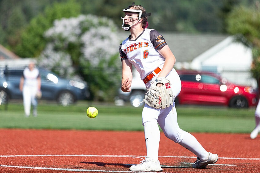 Centralia's Hollynn Wakefield releases a pitch against R.A. Long in the 2A District 4 quarterfinals May 18 at Rec Park.
