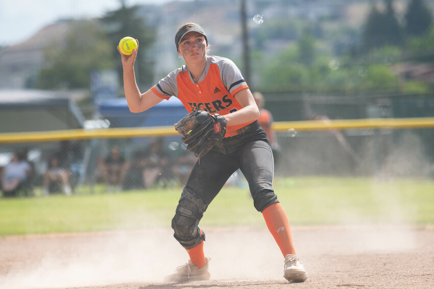 Lauren Wasson throws to first during Centralia's 5-3 loss to R.A. Long on  May 26 in Selah, in a loser-out game at the 2A state tournament.