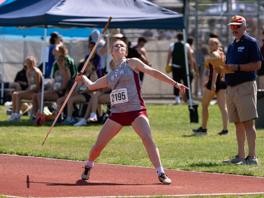 W.F. West&rsquo;s Amanda Bennett launches an attempt in the 2A girls javelin throw at the WIAA 2A/3A/4A State Track and Field Championships on Friday, May 26, 2023, at Mount Tahoma High School in Tacoma. (Joshua Hart/For The Chronicle)