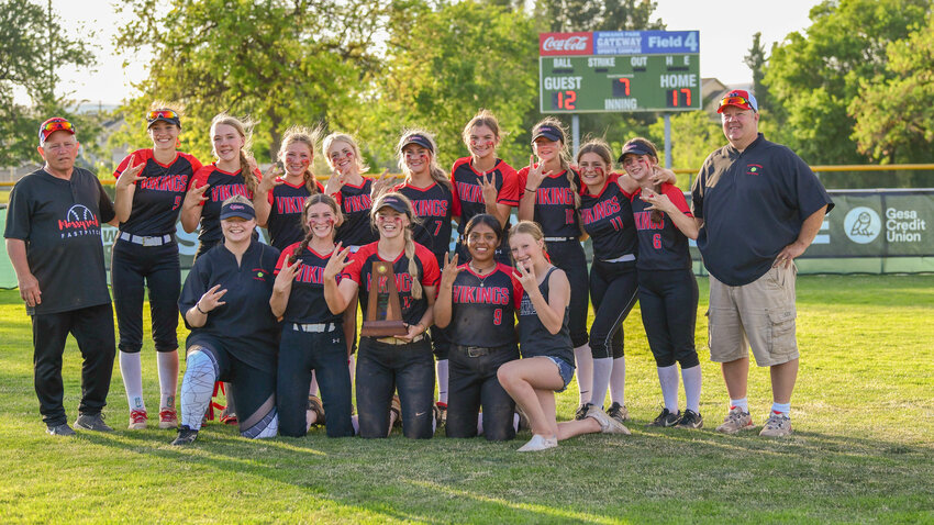 Mossyrock poses for a photo with the 1B third-place trophy, after beating Almira-Coulee-Hartline 17-12 in Yakima on May 28.