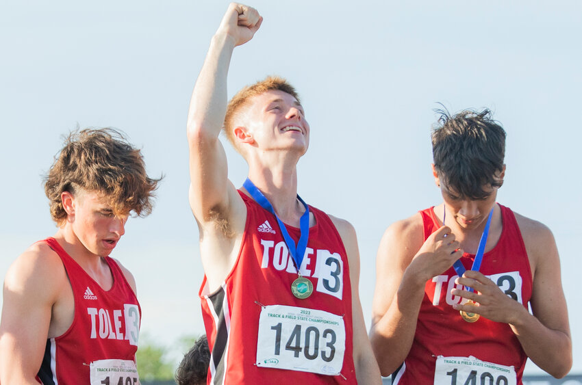 FILE PHOTO &mdash;&nbsp;Conner Olmstead cheers just moments after winning the 2B boys 4x400 meter relay State championship during the track and field meet in Yakima in 2023.