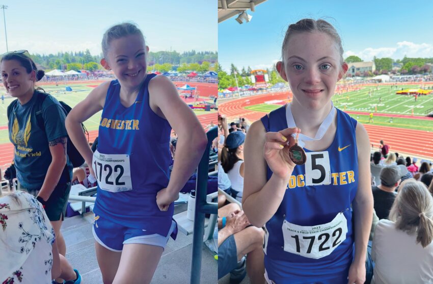 Rochester's Erica Schuon competed at the 2A state track meet and received a medal for her performance in the 100-meter ambulatory race.