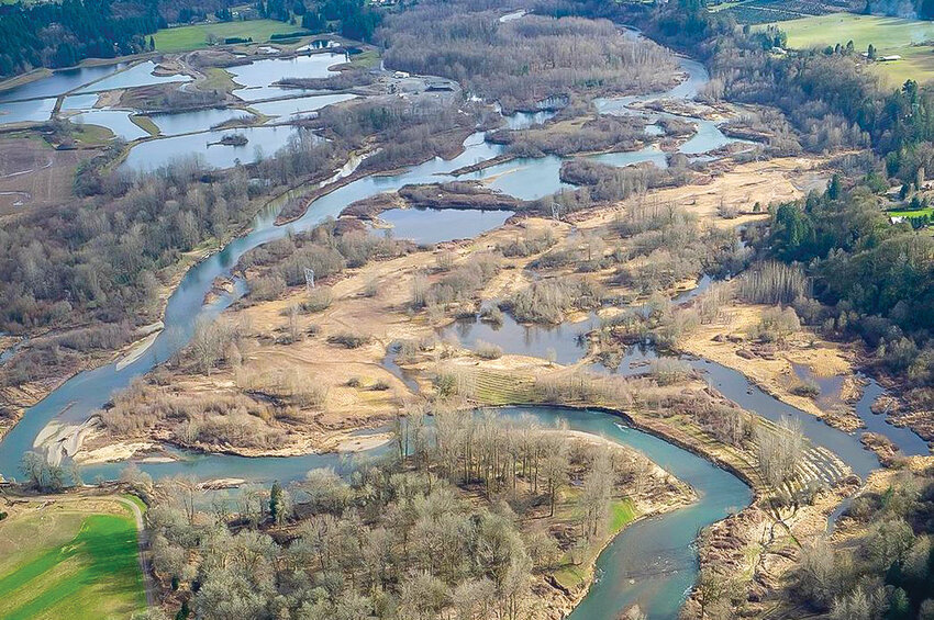 An aerial photo shows the Ridgefield Pits area looking upstream. Washington state&rsquo;s 2023 capital budget includes about $5.6 million for a restoration project  intended to improve the East Fork Lewis River where it runs through the pits area.