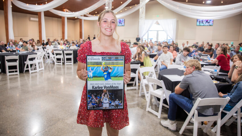 Adna&rsquo;s Karlee VonMoos, a league MVP in each of the three sports she played this year, smiles for a photo Tuesday evening during the &ldquo;Athletes of the Year&rdquo; banquet at the Jester Auto Museum. VonMoos dominated the soccer pitch, basketball court and the softball diamond en route to one of the strongest all around sports careers in Adna.