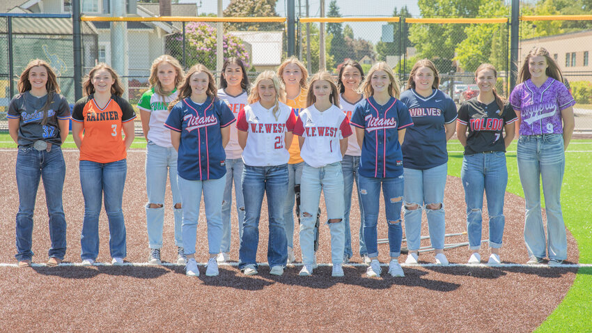 All-Area Softball athletes from Adna, Black Hills, Centralia, Onalaska, Pe Ell-Willapa Valley, Rainier, Rochester, Toledo, Tumwater, and W.F. West pose for a photo Monday afternoon at Bob Peters Field in Centralia.