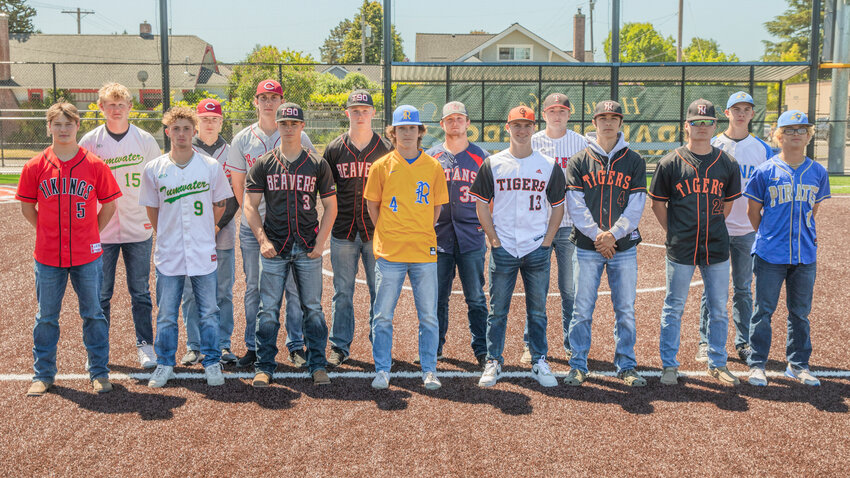 From left to right, Mossyrock&rsquo;s Keegan Kolb, Tumwater&rsquo;s Alex Overbay and Eddie Marson, W.F. West&rsquo;s Deacon Meller and Hunter Lutman, Tenino&rsquo;s Easton Snider and Austin Gonia, Rochester&rsquo;s Mason Ubias, PWV&rsquo;s Garrett Keeton, Centralia&rsquo;s Brady Sprague, Toledo&rsquo;s Caiden Schultz, Napavine&rsquo;s Ashton Demarest and Conner Holmes, and Adna&rsquo;s Danner Hoinowski and Tristan Percival pose at Bob Peters Field in Centralia. Not pictured: Rochester&rsquo;s Braden Hartley.