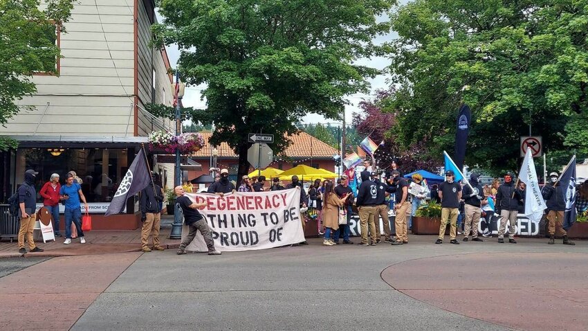 White supremacists protest at a Lewis County Pride event held at the Pine Street Plaza in Centralia on Saturday.