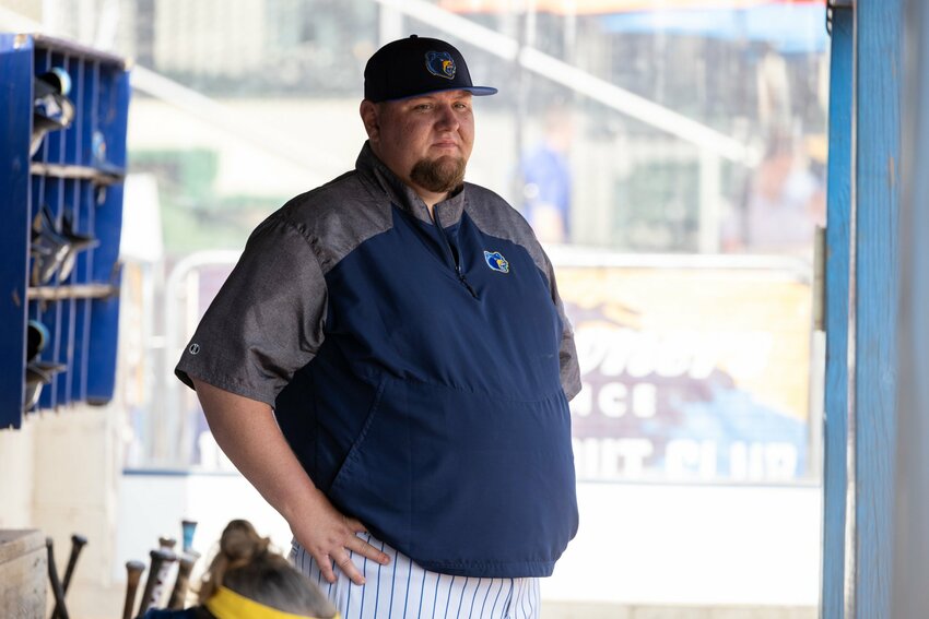 Centralia College coach Ben Harley has himself a think during a game at his summer job, as the pitching coach of the Northwoods League's Kalamazoo (Mich.) Growlers.