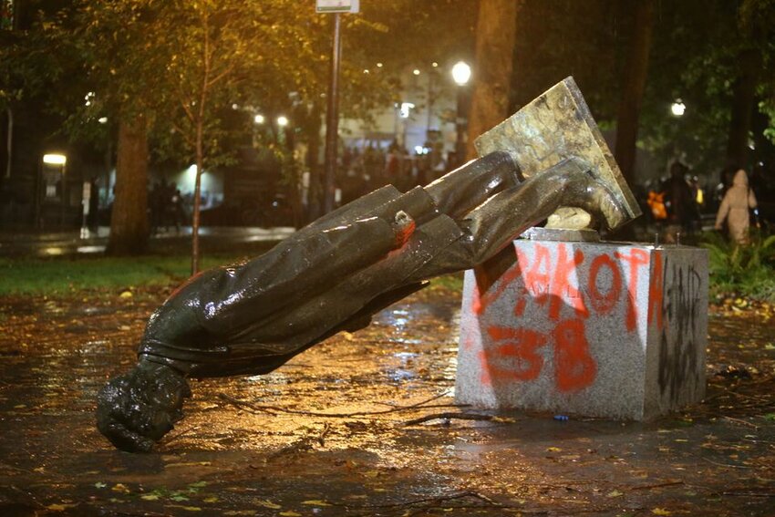 A group of protesters toppled statues of former presidents Theodore Roosevelt and Abraham Lincoln in Portland in 2020.