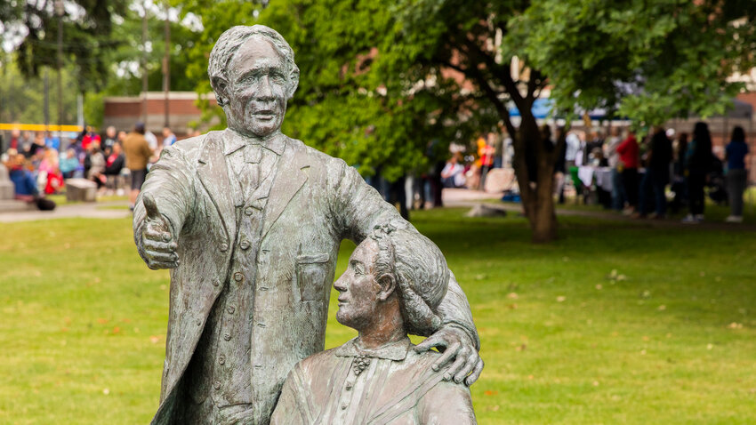 A statue of George and Mary Jane Washington sits on display during a Juneteenth celebration at George Washington Park in downtown Centralia on Saturday, June 17.