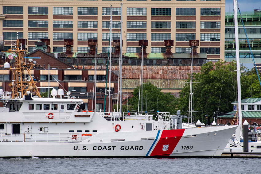 A US Coast Guard vessel sits in port in Boston Harbor across from the US Coast Guard Station Boston in Boston, Massachusetts, on June 19, 2023. A submersible vessel used to take tourists to see the wreckage of the Titanic in the North Atlantic has gone missing, triggering a search-and-rescue operation, the US Coast Guard said on June 19, 2023. It was not immediately known how many people are on the vessel, operated by a company called OceanGate Expeditions. (Joseph Prezioso/AFP via Getty Images/TNS)