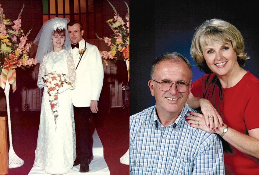 Jim and Debbie Aust are pictured at their wedding in 1973 and in a more recent photograph they provided to The Chronicle.