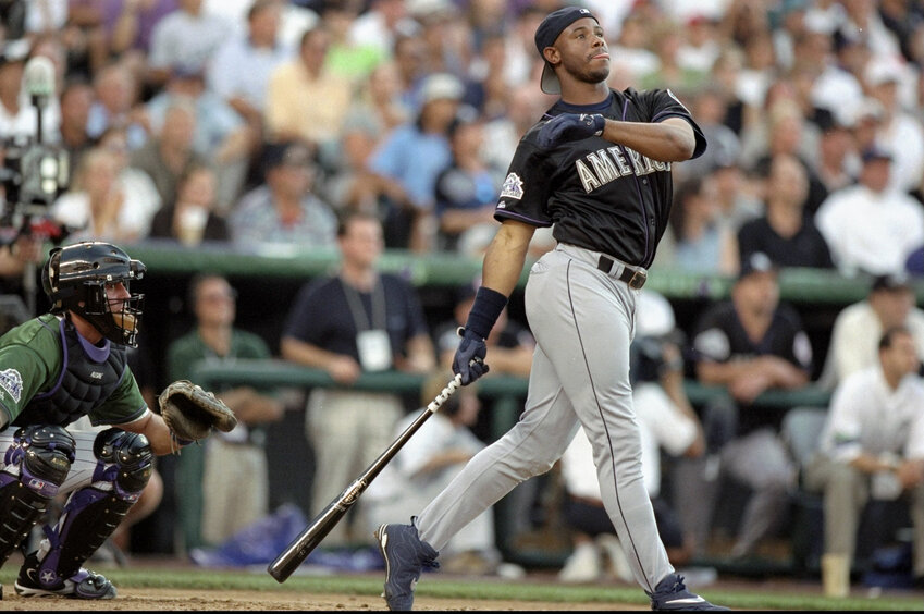 American Leaguer Ken Griffey Jr. watches the result of a swing during the All-Star Home Run Derby at Coors Field on July 6, 1998, in Denver. (Brian Bahr/Allsport/Getty Images/TNS)