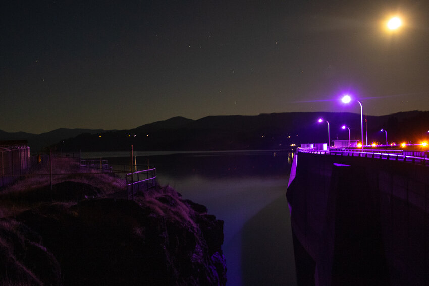 Riffe Lake is illuminated by the moon rising over the Mossyrock Dam as lights cast a purple hue on Saturday night.