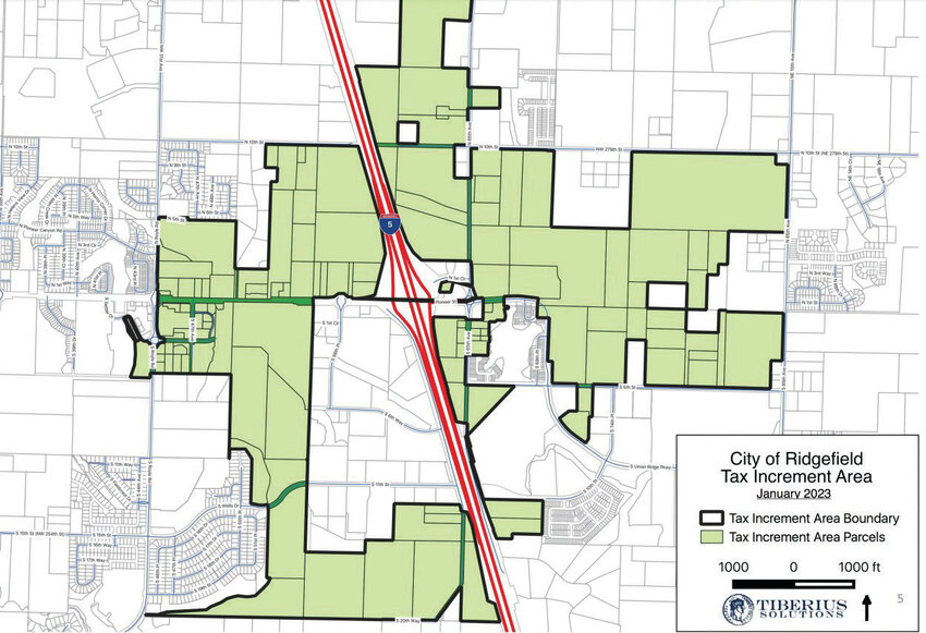 A map shows the boundaries for a proposed tax increment financing (TIF) area in Ridgefield.
