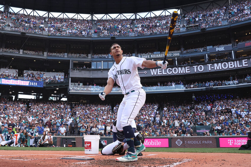Julio Rodr&iacute;guez (44) of the Seattle Mariners reacts during the T-Mobile Home Run Derby at T-Mobile Park on July 10, 2023, in Seattle, Washington. (Steph Chambers/Getty Images/TNS)