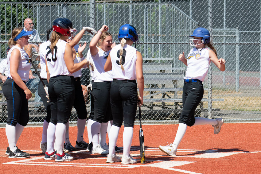 Brooklyn Loose comes home after bopping a two-run home run in the fourth inning of Sabotage 18u's 18-5 win over the Washington Reapers in pool play of the USSSA Cascades National Championship, July 11 at Stevens Field in Olympia.